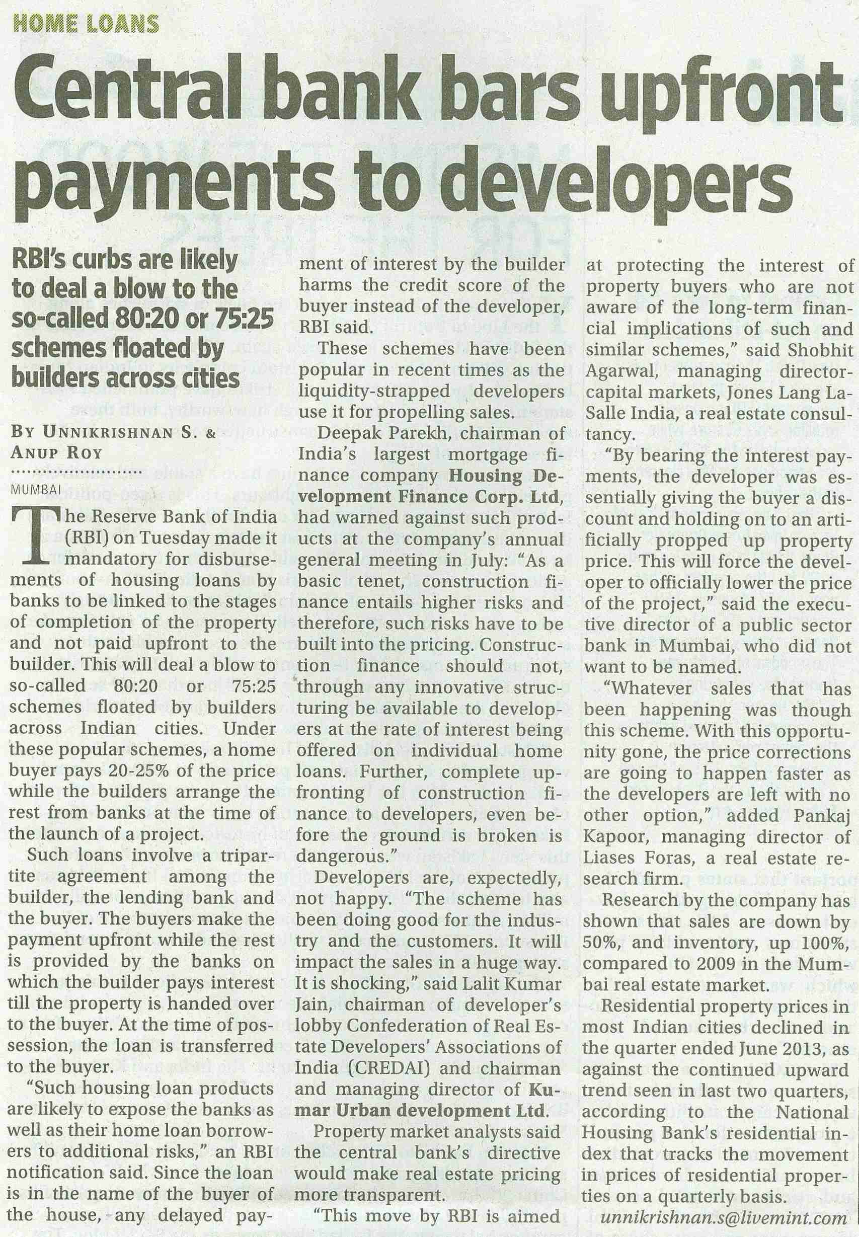 Central bank bars upfront payments to developers<