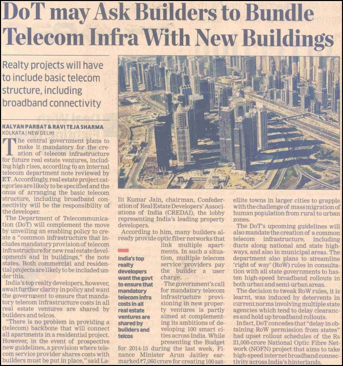 DoT may ask builders to bundle Telecom Infra with new buildings