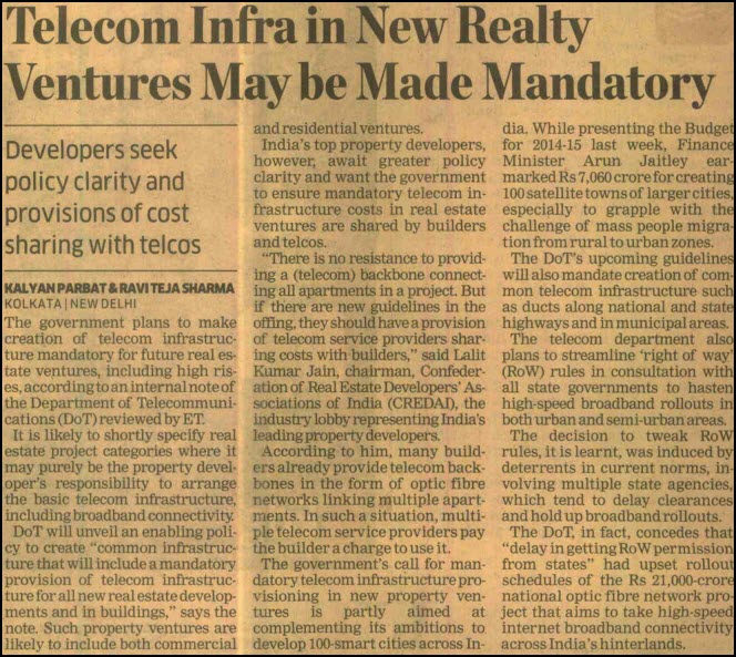 Telecom Infra in New Realty Ventures May be Made Mandatory