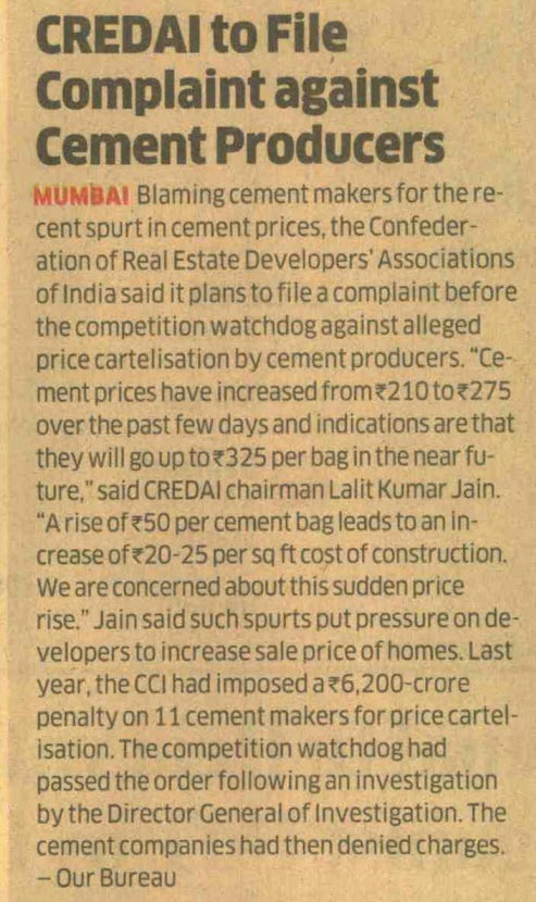 CREDAI to file complaint against cement producers