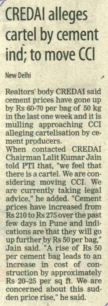 CREDAI alleges cartel by cement ind; to move CCI