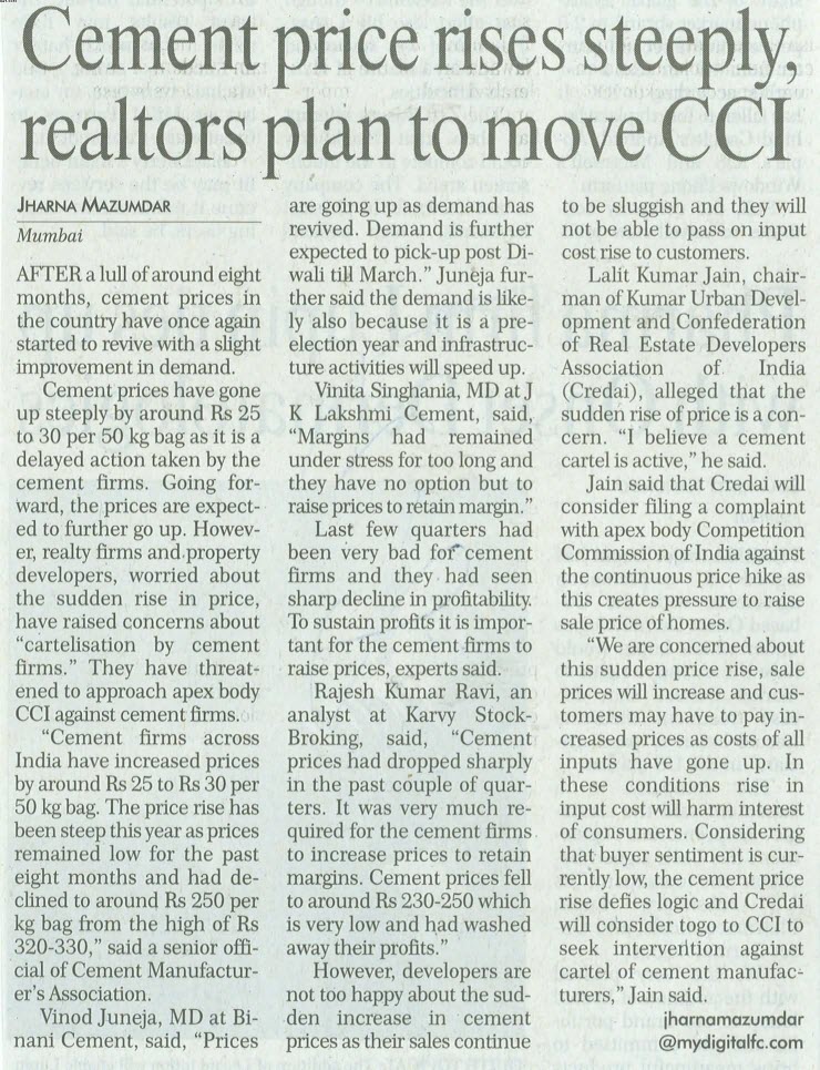 Cement price rises steeply, realtors plan to move CCI